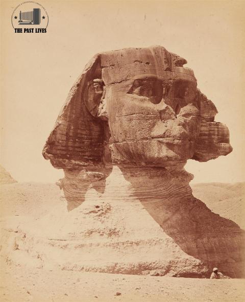 A man sitting in the shade of the Great Sphinx in 1870